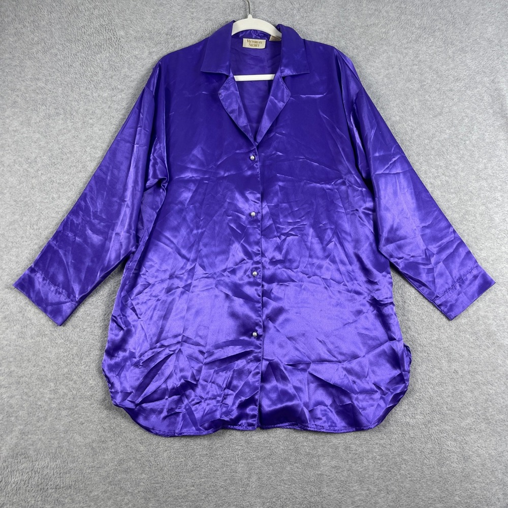 VTG Victorias Secret Gold Label Purple Satin Pajama Shirt Womens M Y2K Lounge